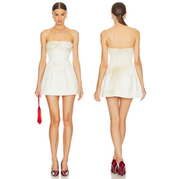 Helsa Mini Dress Heavy Satin Strapless Ruched Bust Bridal Wedding Hoco Party L - Picture 1 of 14